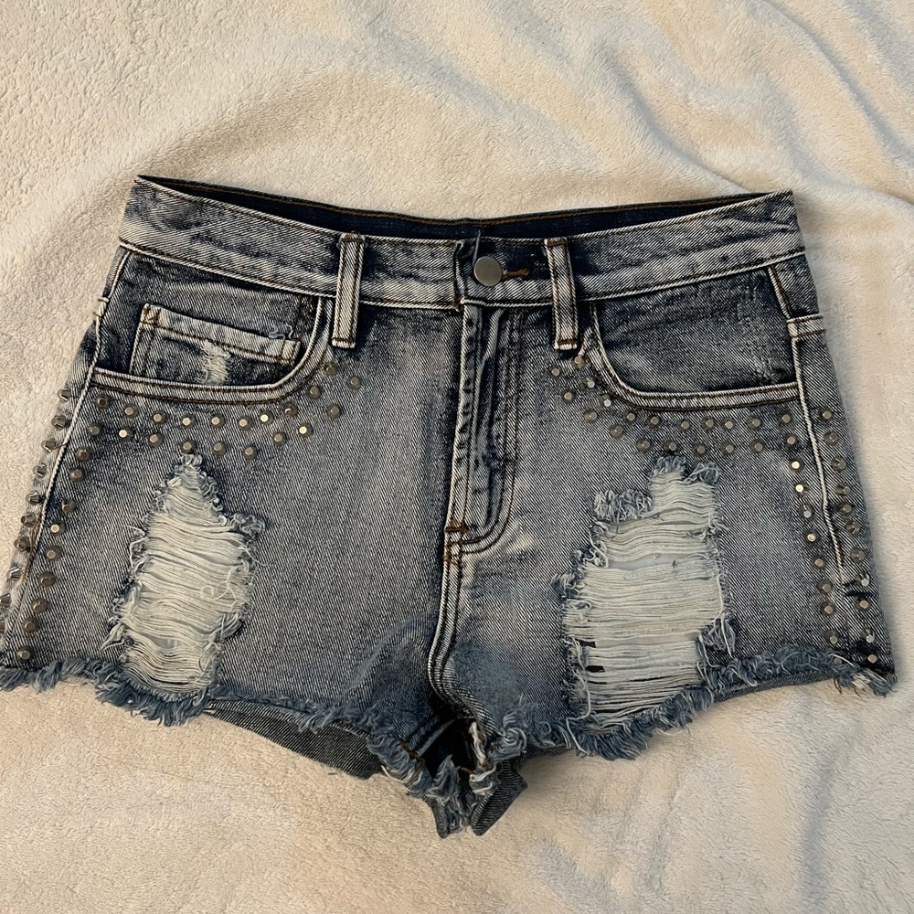 F21 Studded Denim High-Waisted Shorts